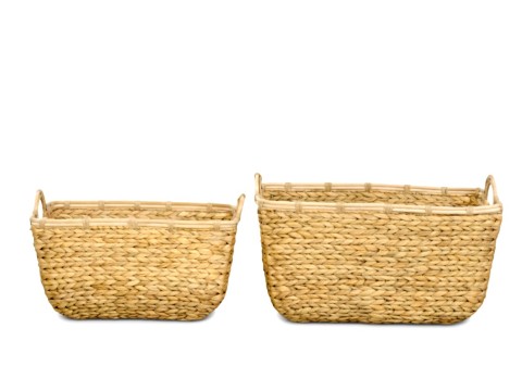 Superior Rectangular Water Hyacinth Storage Baskets with Rattan Rims and Handles- Set of 2